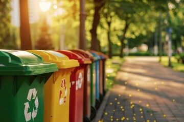 Row of color-coded recycling bins in a park at sunrise, promoting environmental sustainability and waste sorting - AI generated - obrazy, fototapety, plakaty