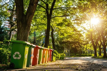 Row of color-coded recycling bins in a park at sunrise, promoting environmental sustainability and waste sorting - AI generated - obrazy, fototapety, plakaty