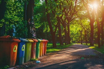 Row of color-coded recycling bins in a park at sunrise, promoting environmental sustainability and waste sorting - AI generated