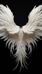 A highly detailed 3D rendering of a pair of angel wings.