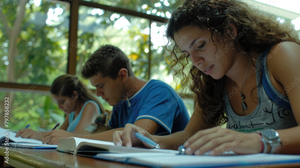 Poster several individuals gathered around a table with notebooks, engaged in group discussion or study ses