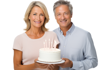 Middle aged couple  holding birthday cake on isolated chroma key background