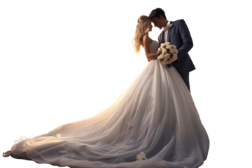 photo session of a wedding couple in wedding clothes on isolated chroma key background