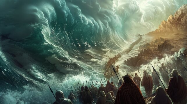 The parting of the red sea. an incredible miracle as israelites escape pharaohs pursuit
