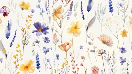 Delicate hand-painted watercolor pattern featuring wildflowers. Drawn by hand, not computer-generated. - obrazy, fototapety, plakaty