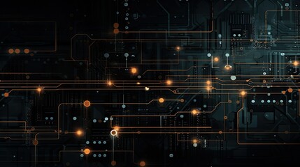 Digital circuitry forming abstract patterns and structures against a dark background