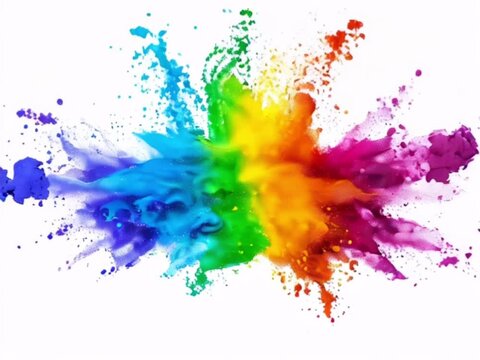 Dynamic explosion of rainbow-colored dust. Explosive burst of colored paint powder in rainbow hues isolated on white background. Slow motion