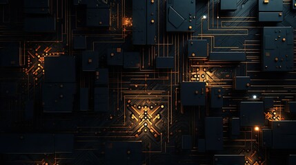 Digital circuitry forming abstract patterns and structures against a dark background