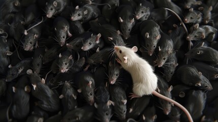 Standout white rat among a crowd of black rats, a striking metaphor for individuality and uniqueness in a group - AI generated - obrazy, fototapety, plakaty