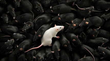 Standout white rat among a crowd of black rats, a striking metaphor for individuality and uniqueness in a group - AI generated