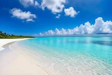 Beautiful sandy beach with white sand and rolling calm wave of turquoise ocean on Sunny day. White clouds in blue sky are reflected in water. Maldives, perfect aerial scenery.
