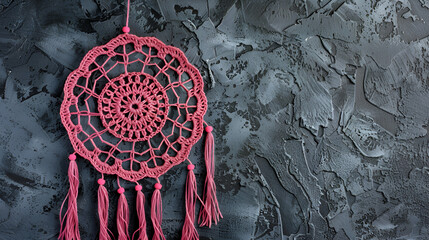 Pink ash crochet doily dream catcher close up on dark gray textured background ,Gray blue lace dream catcher on black textured background - obrazy, fototapety, plakaty