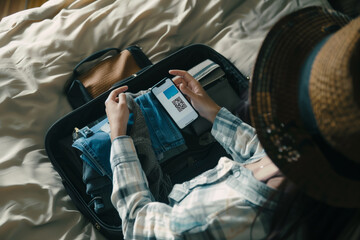A traveler's hands holding a smartphone with a mobile boarding pass on the screen, poised over an open suitcase packed with a variety of clothes including plaid shirts and a hat.
