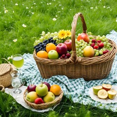 fruits and vegetables, A picnic on a green meadow with a basket of fruits and flowers.
