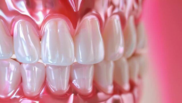 A macro image of molars bathed in a soft pink light, showcasing the details and structures of dental anatomy. Professional teeth cleaning and fluoride coating