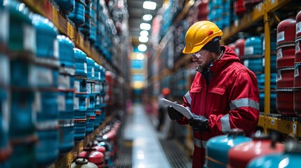 An employee is reviewing the dangerous chemical data sheet in the chemical storage area at the manufacturing site. Occupational safety task. Focused.
