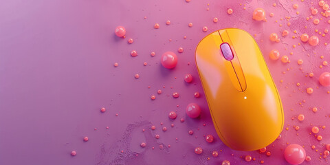 Vibrant Yellow Computer Mouse on Pink Background with Bubbles and Water Droplets for Tech Concept Design