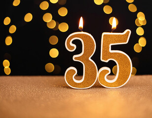 Birthday candles with number 35 on bokeh background, celebration concept