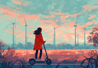 Woman enjoying electric scooter ride in front of picturesque windmills landscape