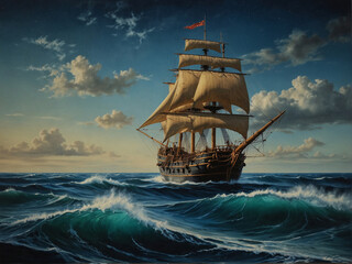 Majestic sailing ship on the ocean with Golden Hind in background