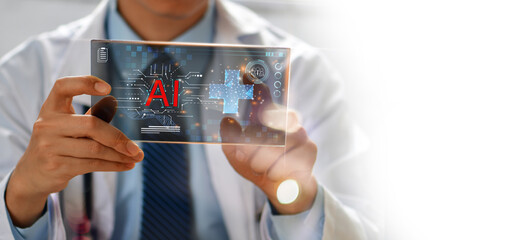 Medical technology, doctor use AI robots for diagnosis, care, and increasing accuracy patient treatment in future.