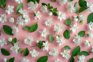 White jasmine flowers on a pink background flat lay top view floral arrangement for spring...