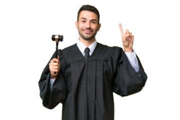 Judge caucasian man over isolated background pointing up a great idea