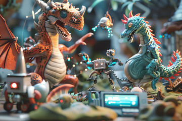 Bring to life a scene where mythical creatures encounter nanotechnology gadgets, resulting in comic mayhem Utilize a digital rendering technique to showcase the absurdity and humor of the situation fr - obrazy, fototapety, plakaty
