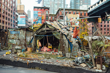Craft a detailed scene of a makeshift shelter in an urban setting, symbolizing survival against all odds Utilize bold pop art colors and styles to convey a powerful message about resilience and human