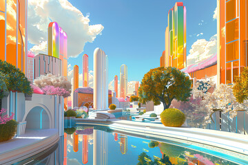 Craft a vibrant utopian cityscape in a futuristic setting using bold, modernist architecture Showcase advanced technologies blending seamlessly with nature in a harmonious balance of colors and shapes