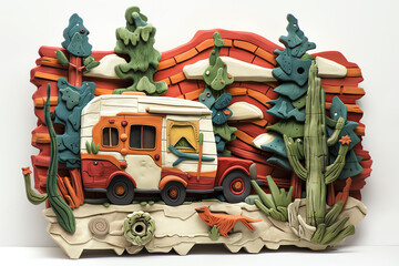 Develop a clay sculpture showcasing a wilderness camping theme from a side view perspective Infuse abstract elements into the sculpture to evoke a sense of adventure and connection with nature Conside