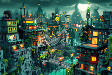 Explore a Tilted-angle view of a post-apocalyptic cityscape blended with spine-chilling Horror Thrills, using a mix of Pixel Art and Glitch Art for a retro-futuristic twist