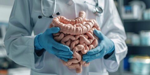 Physician with a model of the human digestive tract, showcasing conditions such as inflammation, cancer, and digestive issues.