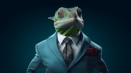 Portrait of a green chameleon in a suit and tie