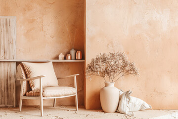 Elegant interior design in peach color with minimal furniture.