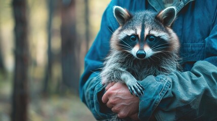 Man holding a raccoon in a forest setting.