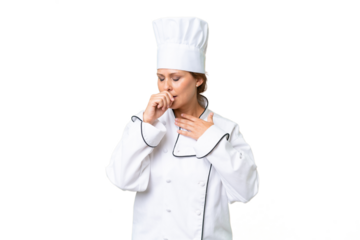 Middle-aged chef woman over isolated background is suffering with cough and feeling bad