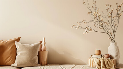 Elegant interior design in peach color with minimal furniture.