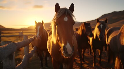 Fototapeta premium Horses in the paddock at sunset. Selective focus.