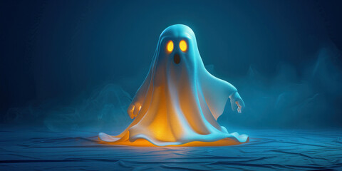 Spooky ghost with glowing eyes in dark mysterious atmosphere, 3D illustration for Halloween concept