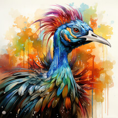Watercolor colorful Cassowary Illustration, Generative Ai