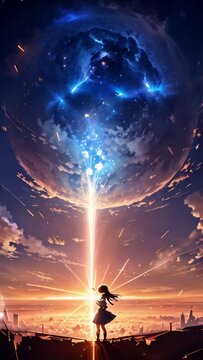 Girl witnessing a cosmic event above the city
, anime

