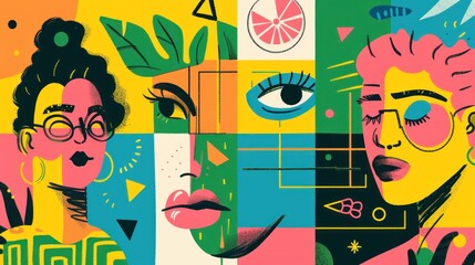 Colorful illustration of a woman's multiple faces in a vibrant and dynamic composition on white background