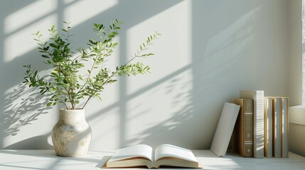 The books placed next to the window cast a shadow on the desktop