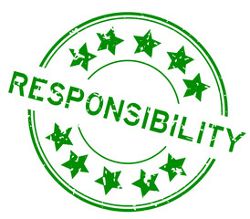 Grunge green responsibility word with star icon round rubber seal stamp on white background