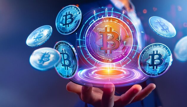 Cryptocurrency background concept,hologram of bitcoins on electronic circuit board chip