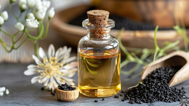 Black cumin oil extract. selective focus, Generative AI,