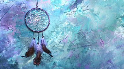 Beautiful dream catcher hanging against blue  wall background ,Dream catcher with feathers threads and beads rope hanging - obrazy, fototapety, plakaty