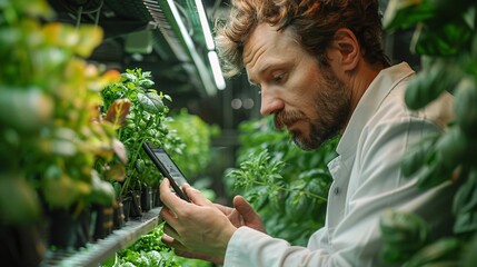 Experienced male biochemist studying crops on state-of-the-art vertical farm, using tablet to grow organic produce in advanced greenhouse. Visual effects display information.