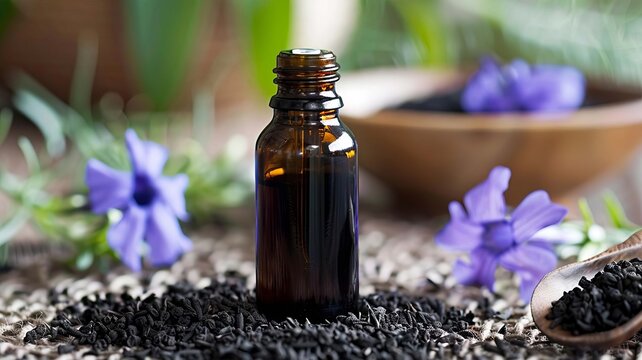 Black cumin oil extract. selective focus, Generative AI,